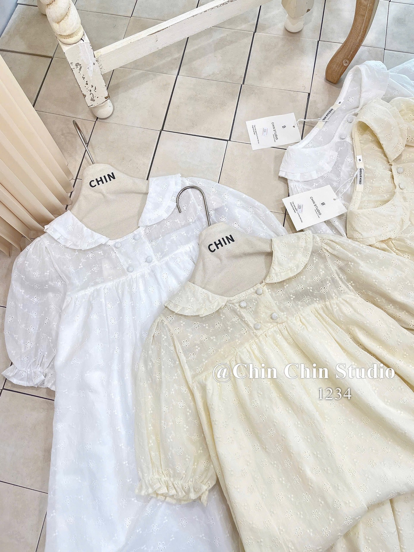 Set áo váy babydoll tay phồng thêu hoa kèm quần