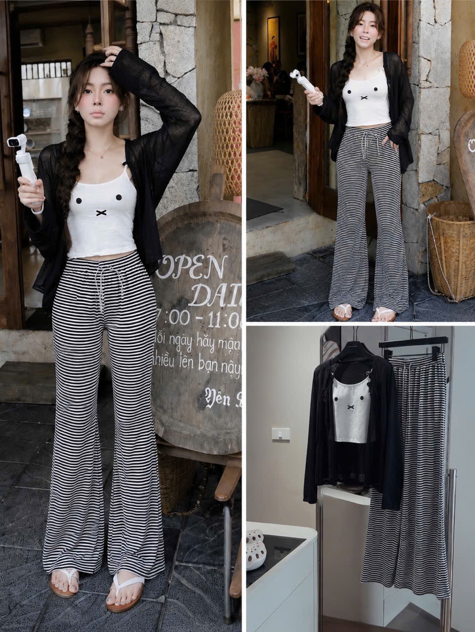 Set áo 2 dây nơ dây khoác ngoài kèm quần sọc dài