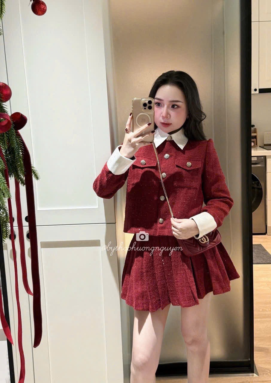 Đầm set áo dạ khuy to viền trắng + cv xếp ly
