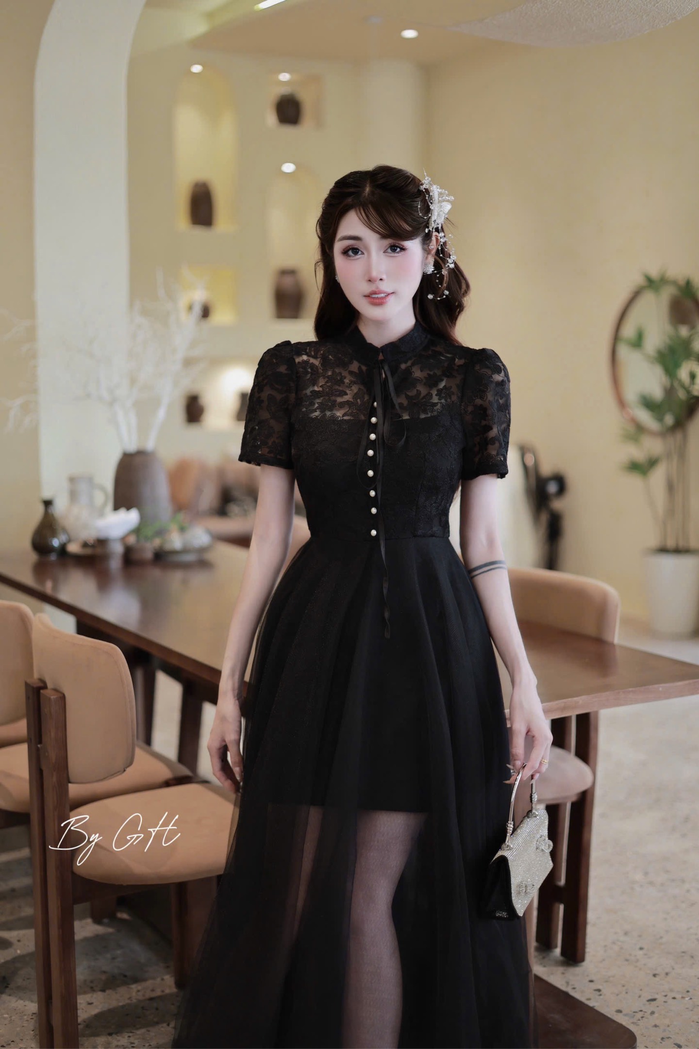 Đàm ren khuy ngọc phối tơ cổ tàu