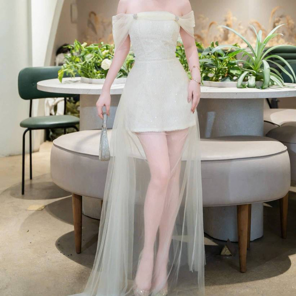 Đầm thiết kế kim sa trễ vai phối lưới dài