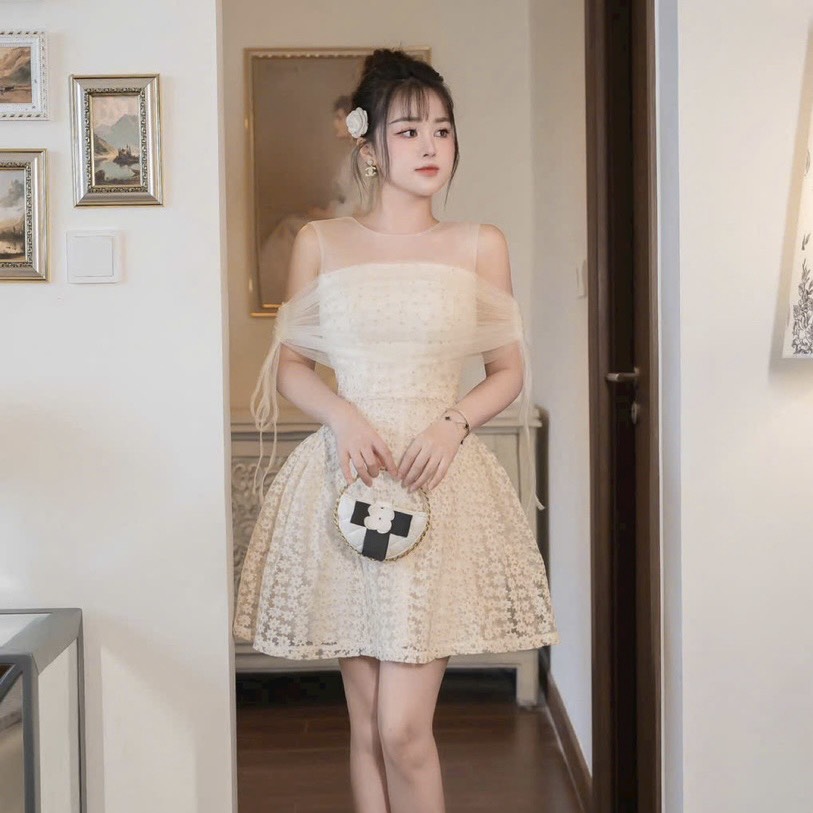 Đầm thiết kế cao cấp ren hoa cúc phối lưới