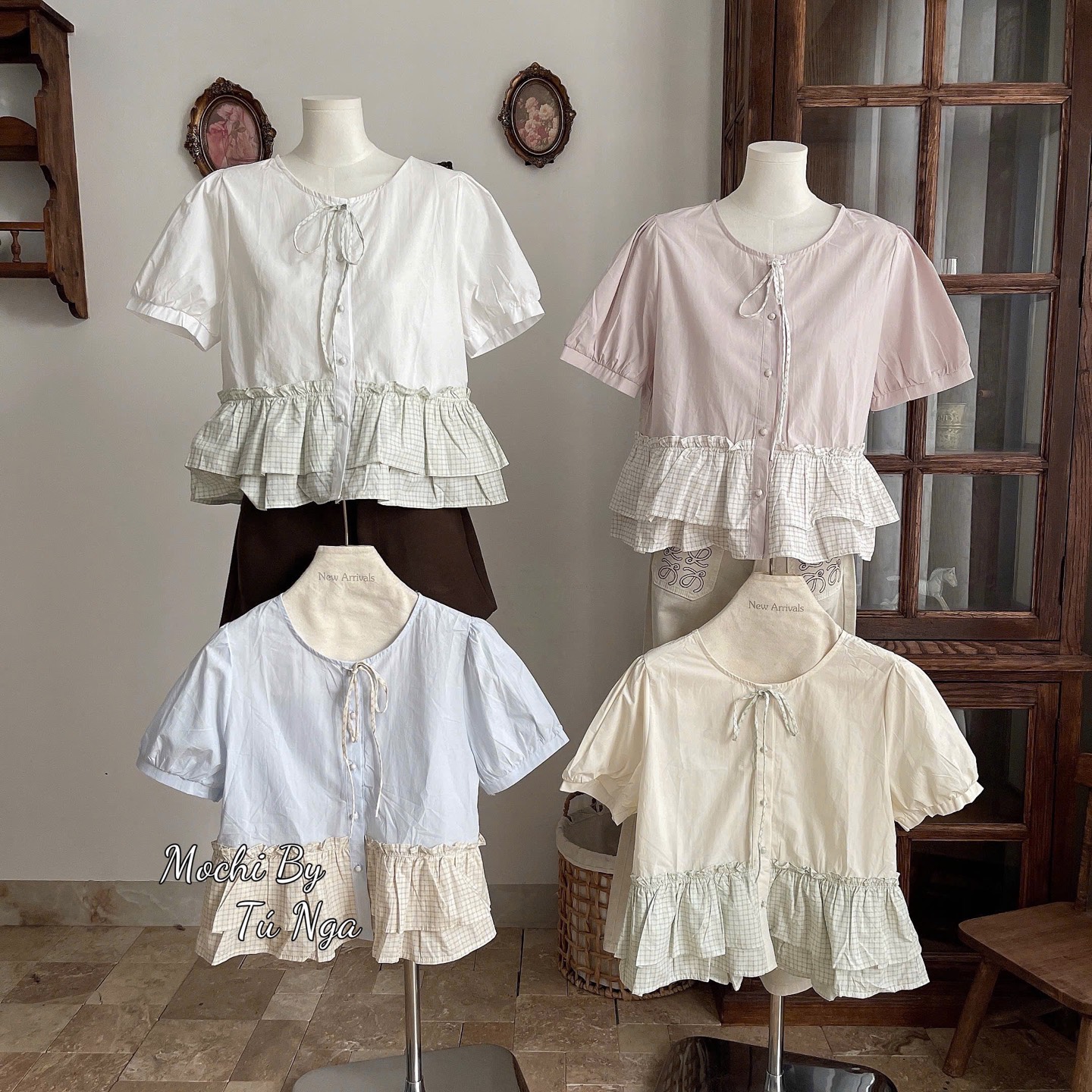 Áo kiểu somi cổ tròn lai bèo caro