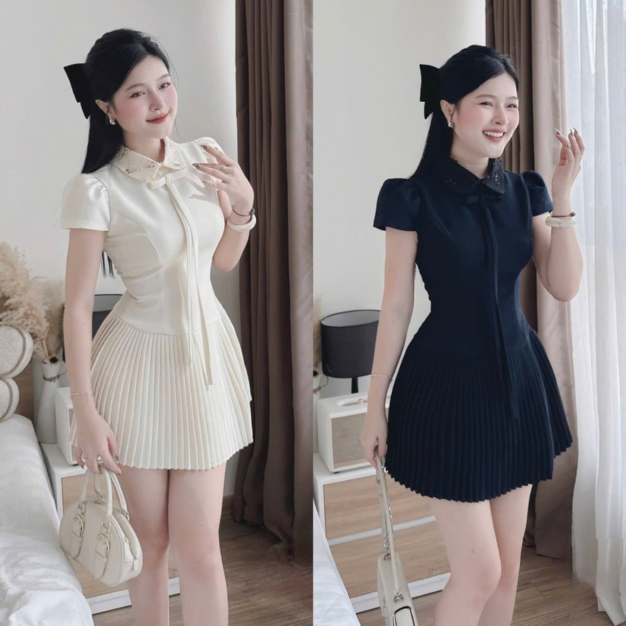 Đầm cổ sơ mi dáng ngắn xếp ly hot trend ép mùng đính kết