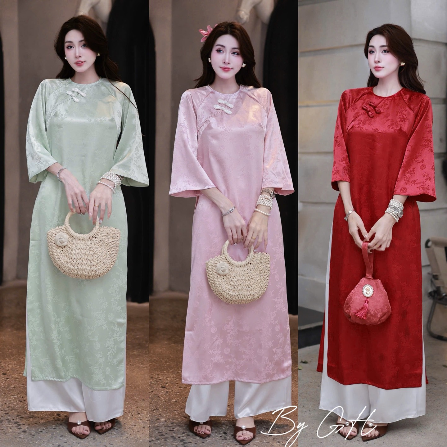 Áo dài gấm lá tre dáng xuông H