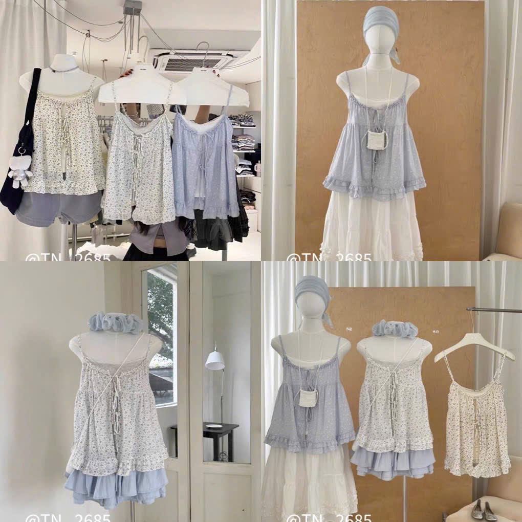 Áo kiểu 2 dây ren phối cột thắt nơ hoa nhí