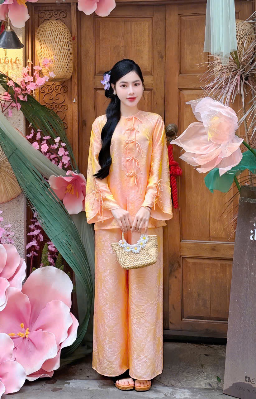 Đồ lam tơ ánh nút ngọc thắt nơ