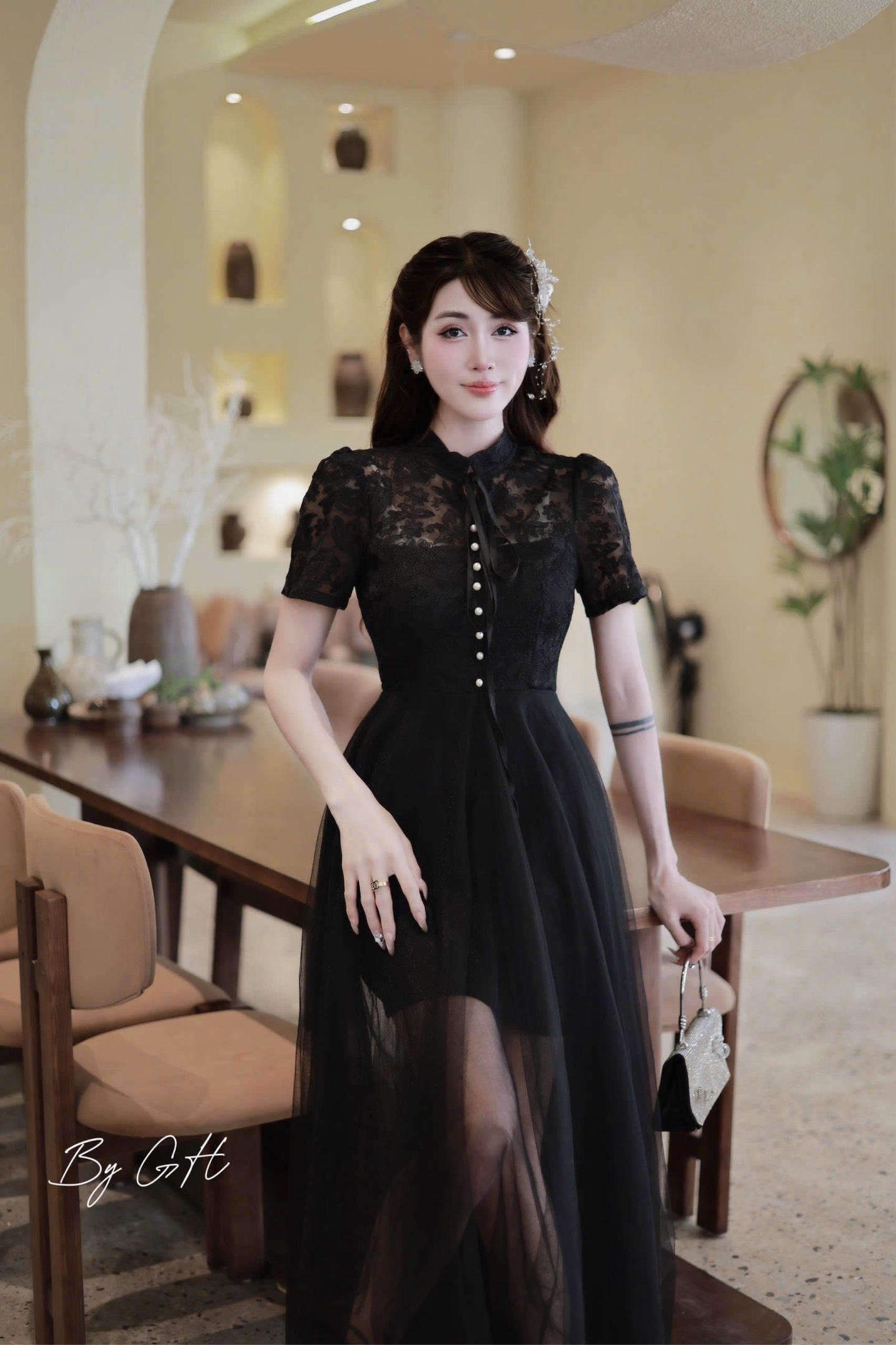 Đàm ren khuy ngọc phối tơ cổ tàu