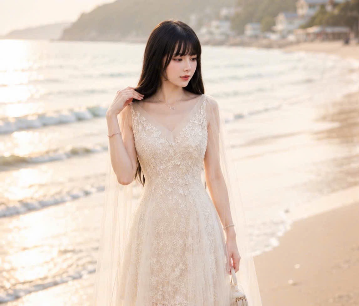 Đầm thiết kế ren tay rũ voan dáng dài