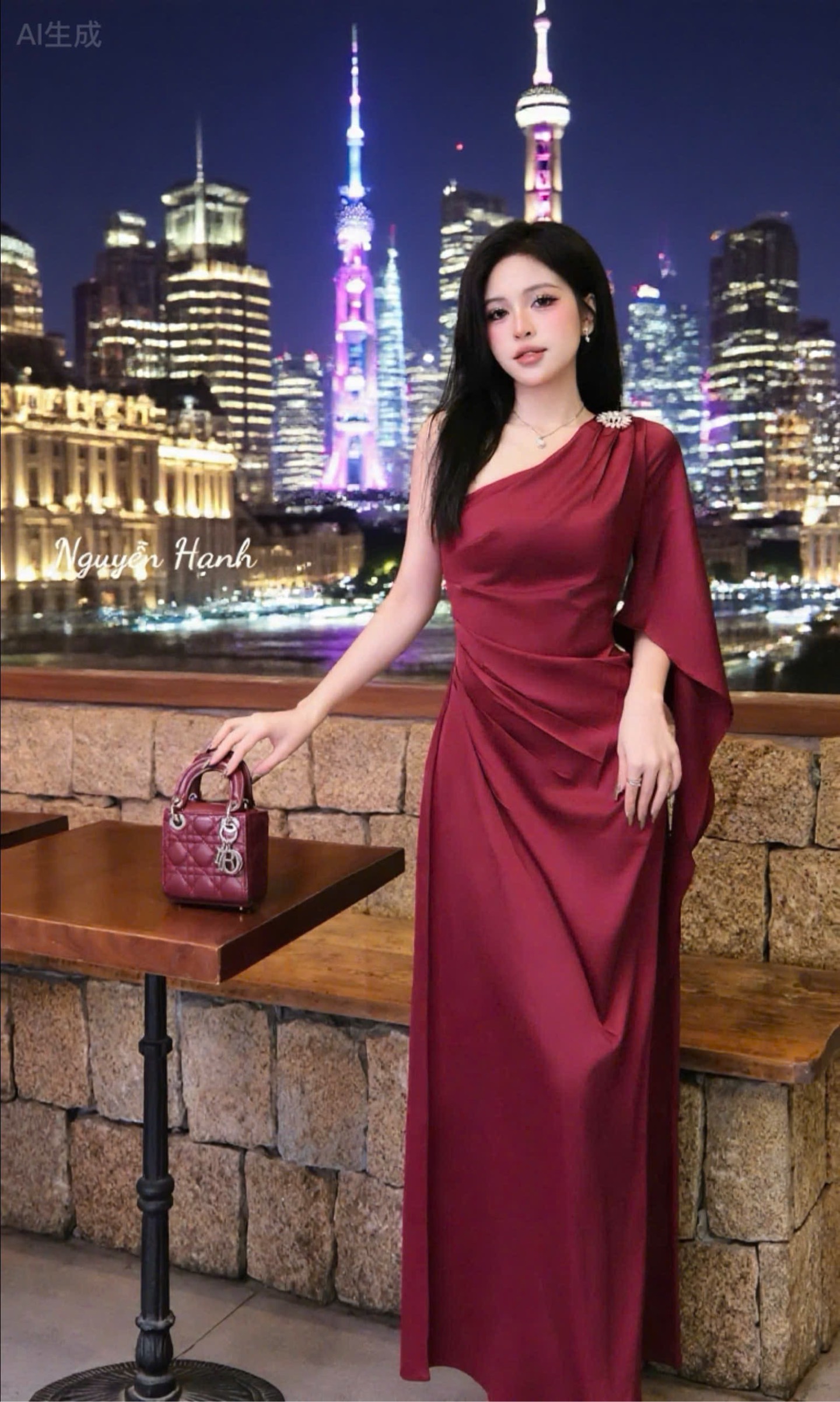 Đầm lụa chéo vai tag đá
