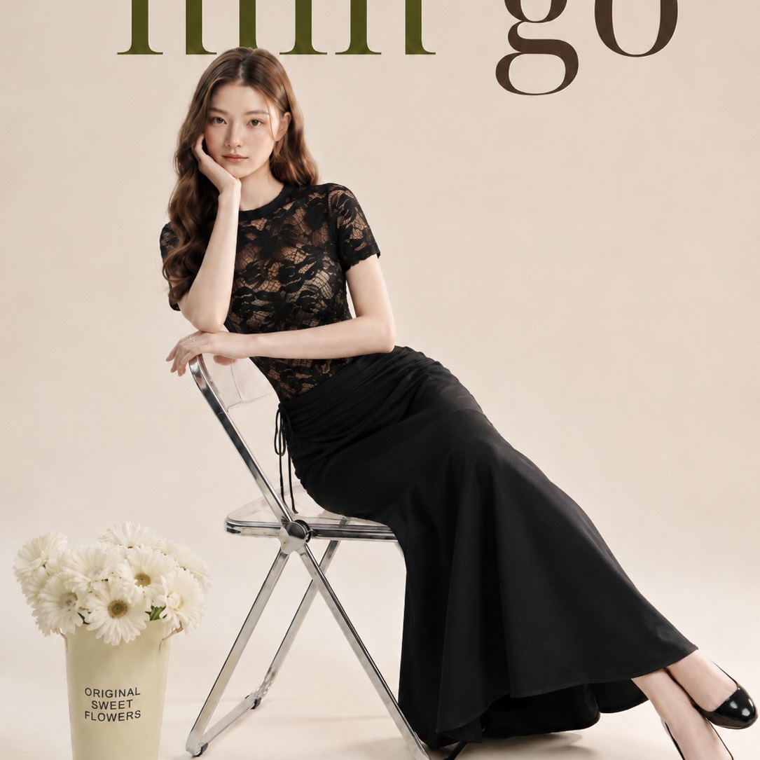 Đầm thiết kế ren body cổ tròn dáng dài thanh lịch