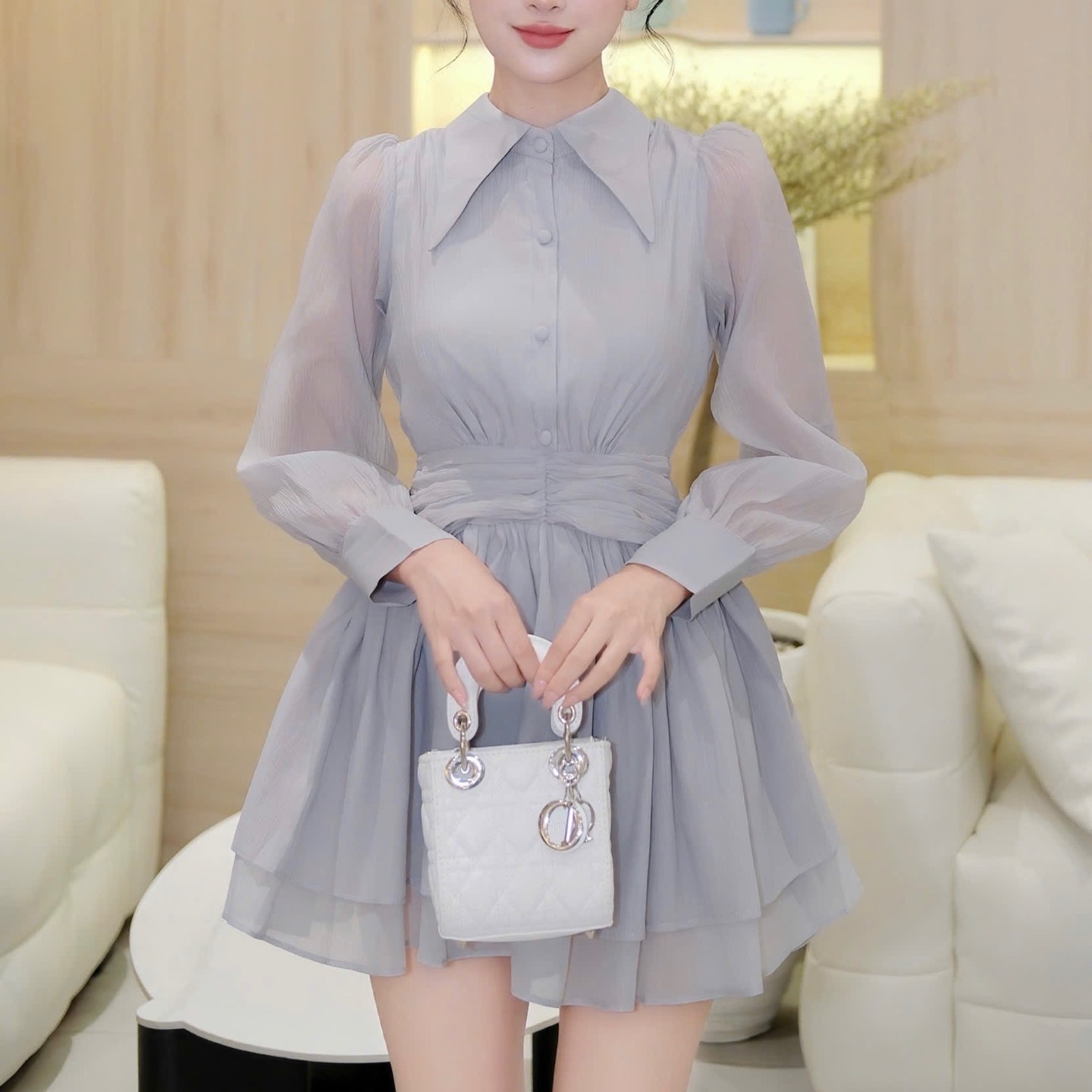 Đầm cổ sơ mi nhọn voan tơ