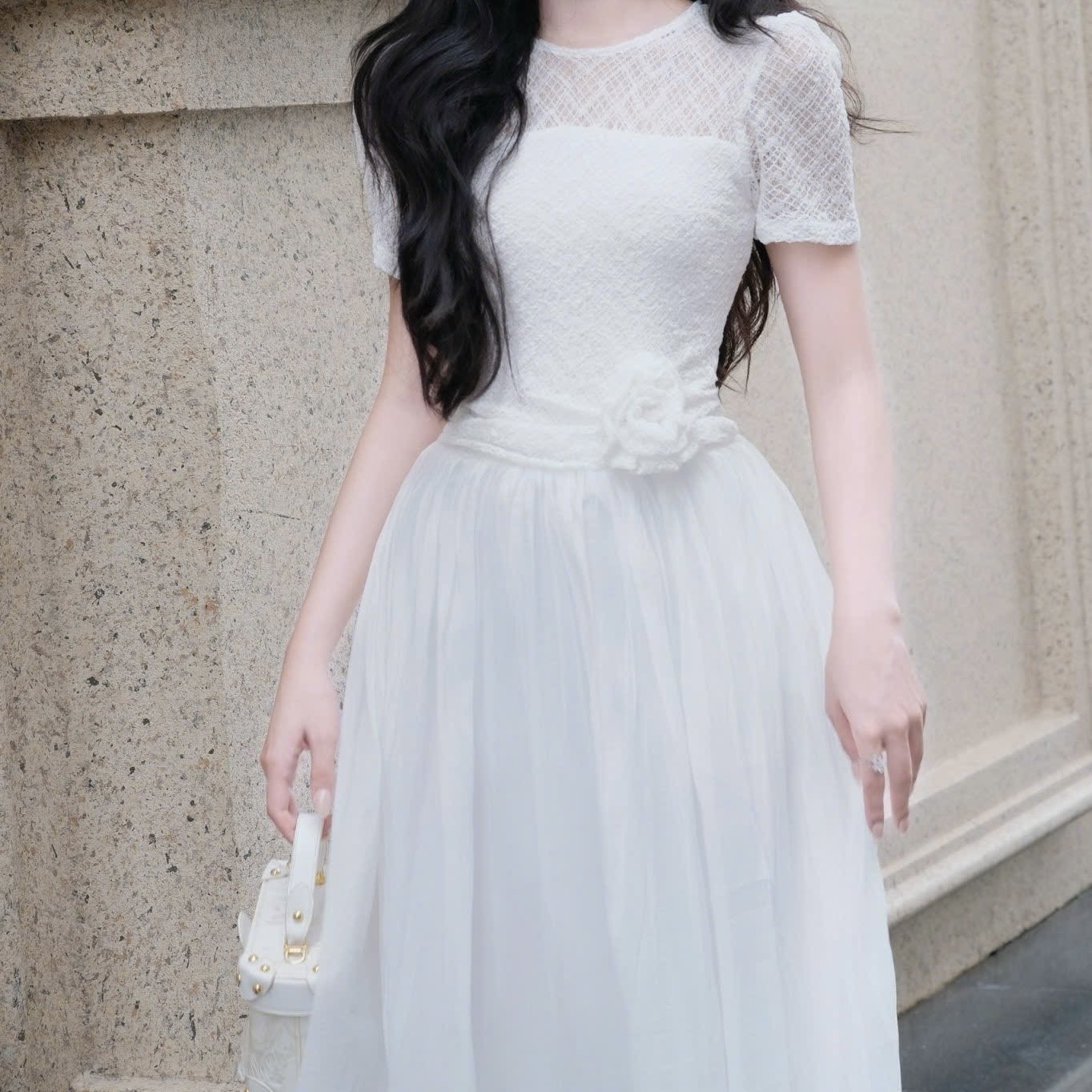 Đầm cổ tròn phối ren dáng dài xoè cao cấp tay ngắn đi tiệc 3 màu kem/ trắng/đen