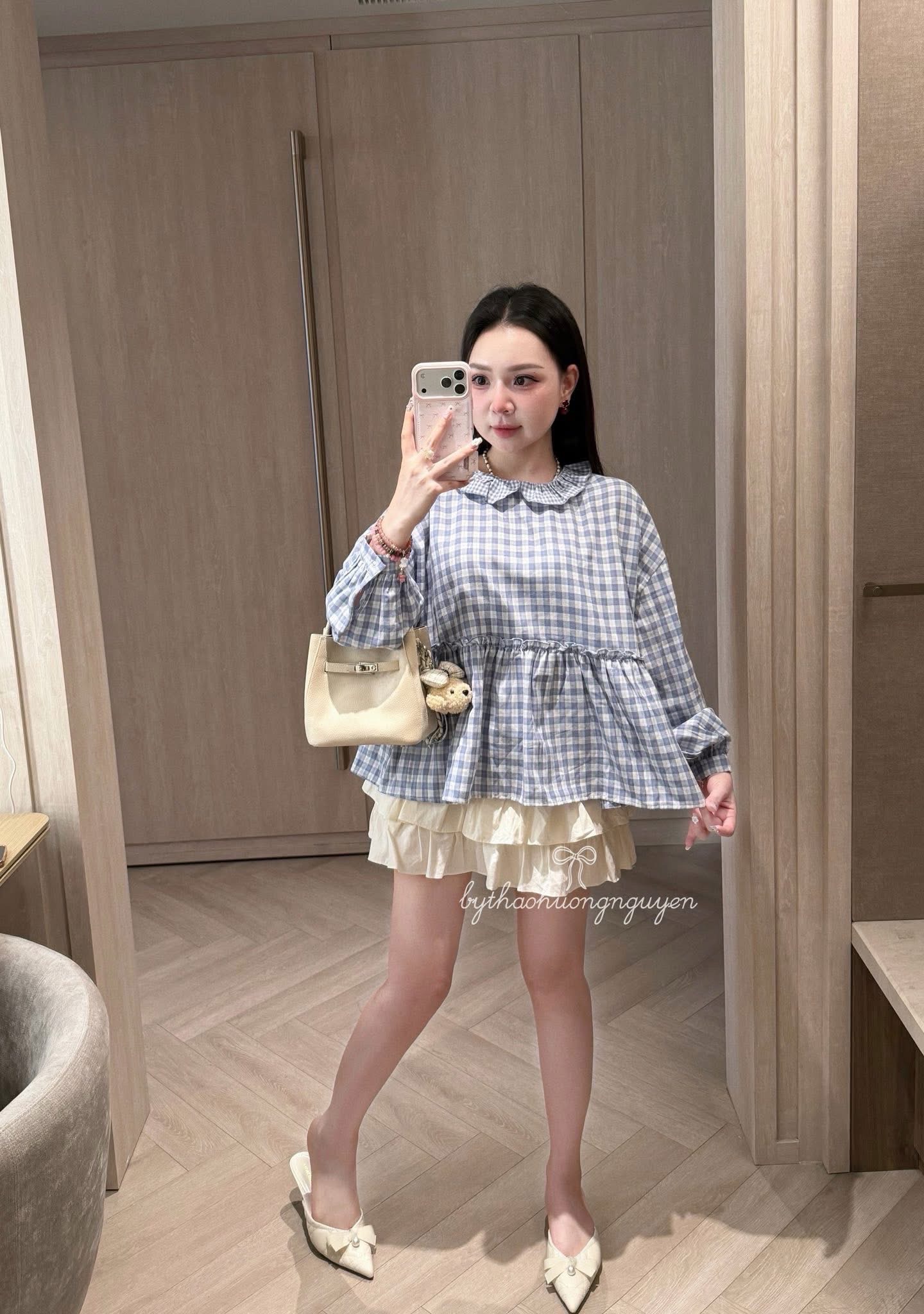 Set babydoll caro kèm chân váy tầng