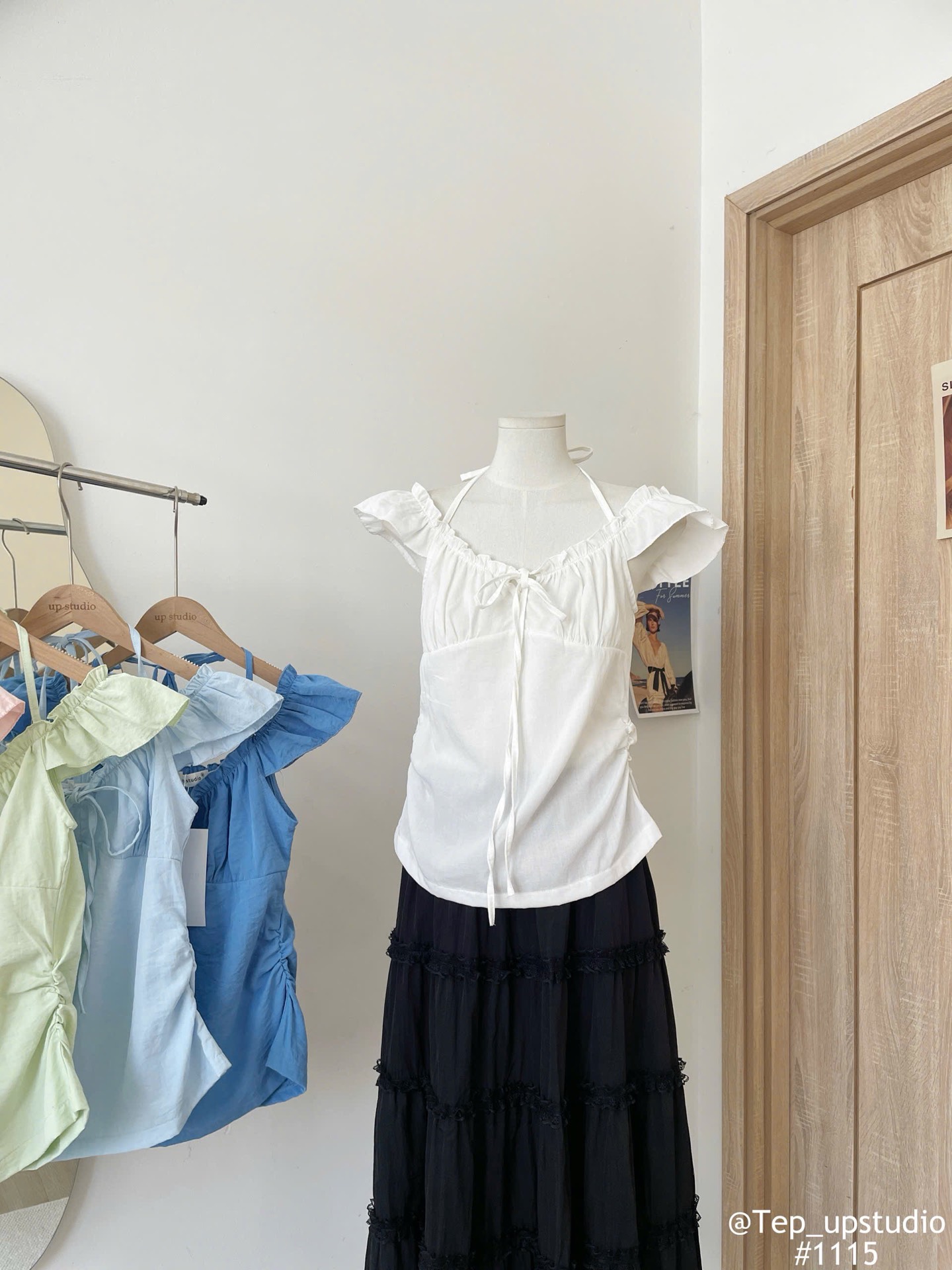 Áo kiểu cột dây nơ nhún tay canh tiên