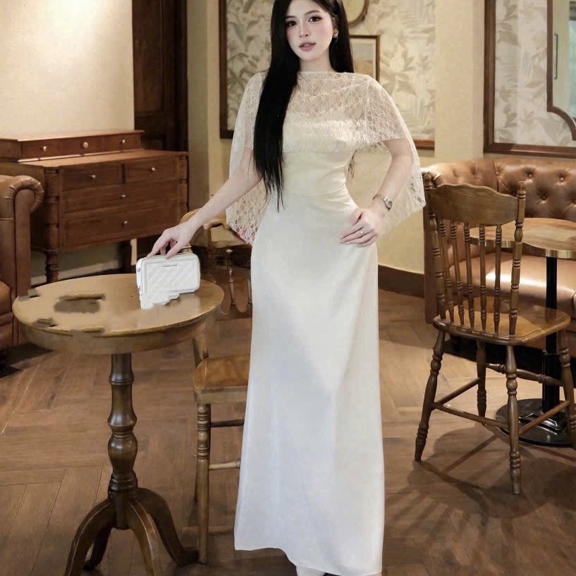 Đầm thiết kế lụa 2 dây kèm áo choàng ren