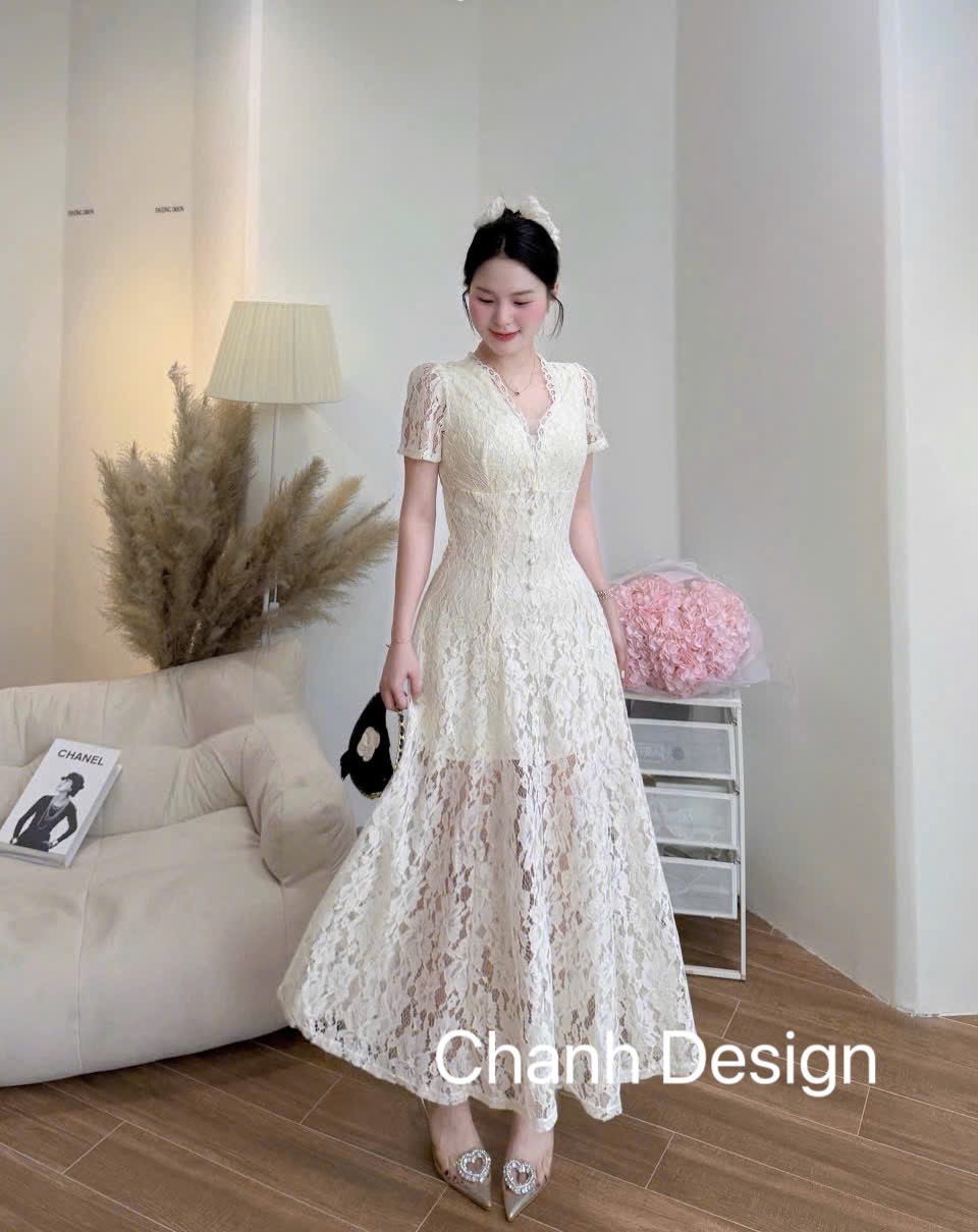 Đầm thiết kế ren cổ V dáng dàng