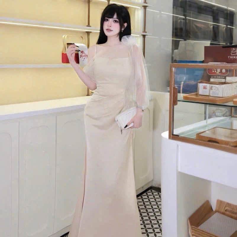 Đầm thiết kế lụa choàng lưới lệch vai đính hoa