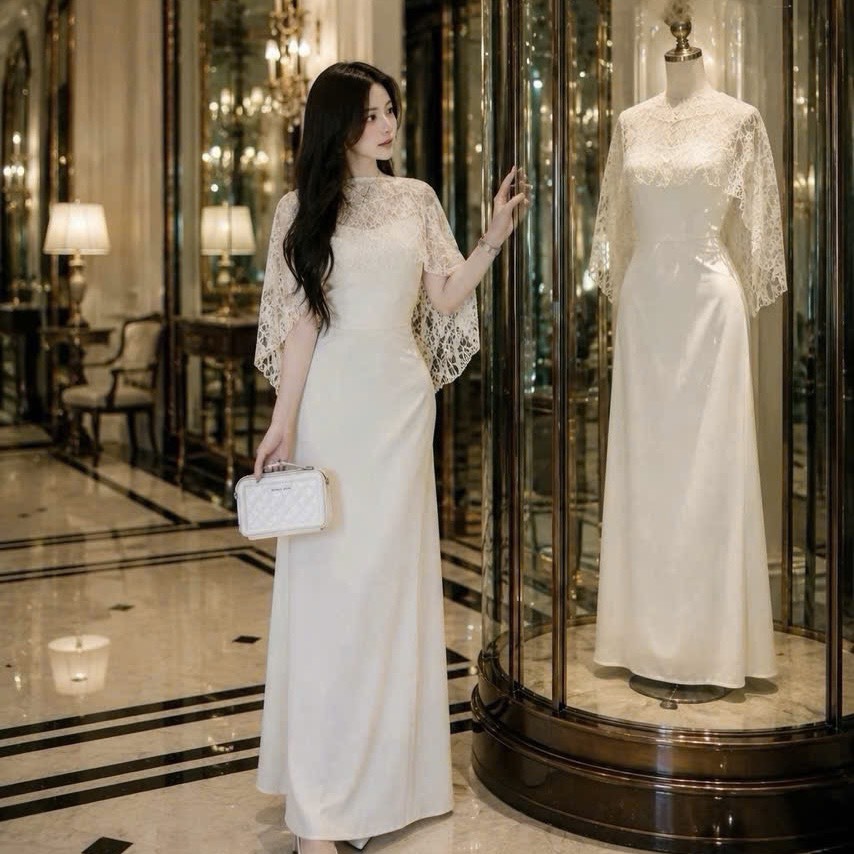 Đầm thiết kế lụa 2 dây kèm áo choàng ren