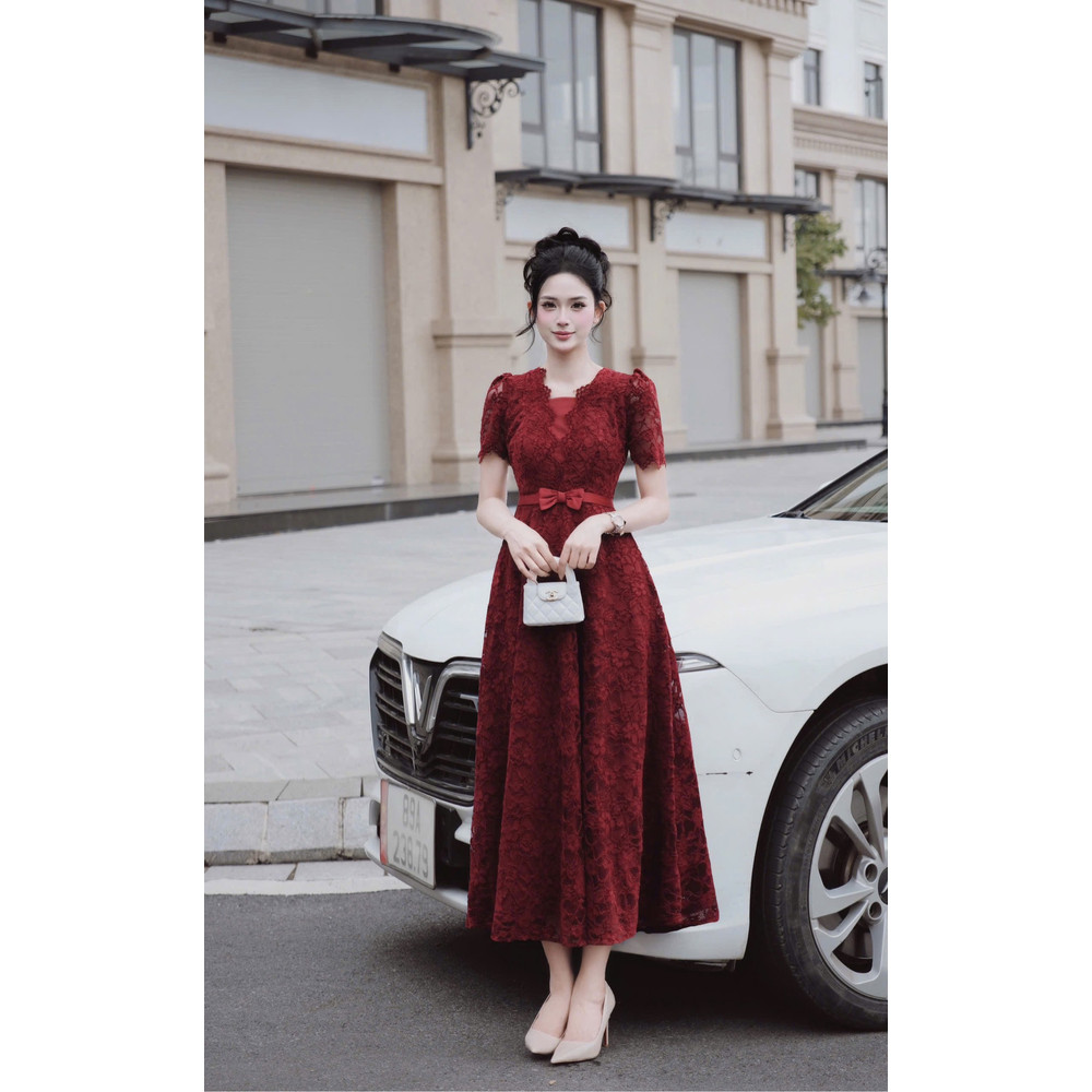 Đầm thiết kế cổ V ren thắt eo nơ cao cấp