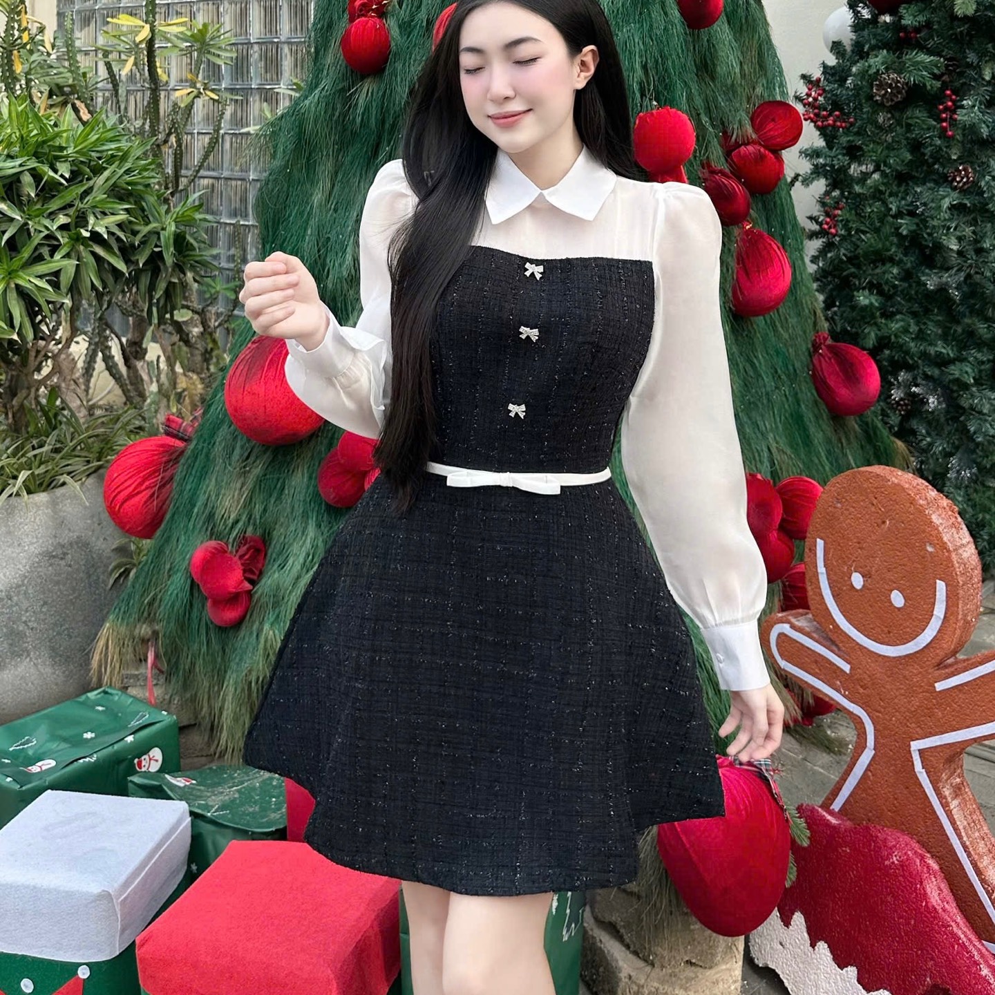 Đầm thiết kế dạ cao cấp phối tơ sang chảnh