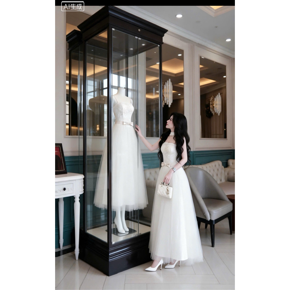 Đầm thiết kế 2 dây ren phối voan bồng kèm dây cổ