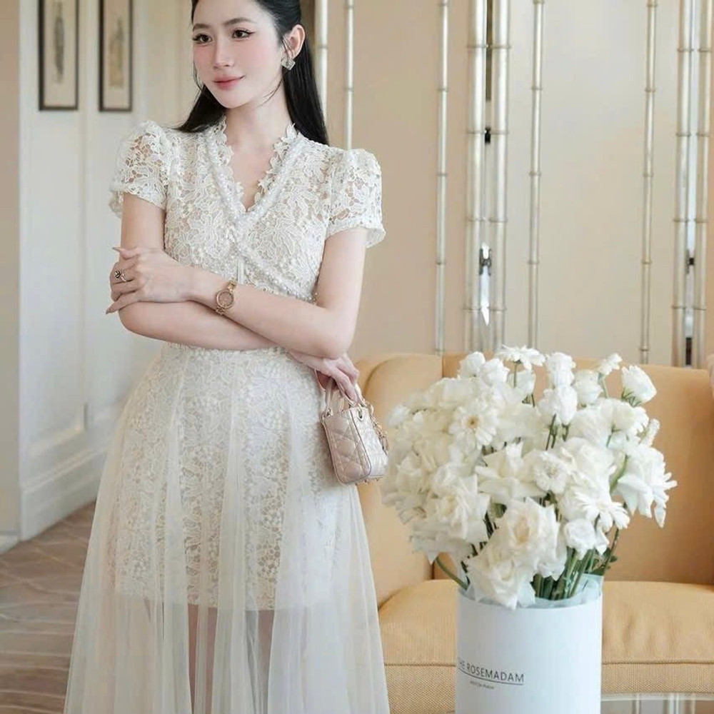 Đầm thiết kết đi tiệc cổ V ren viền ngọc ngực phối voan