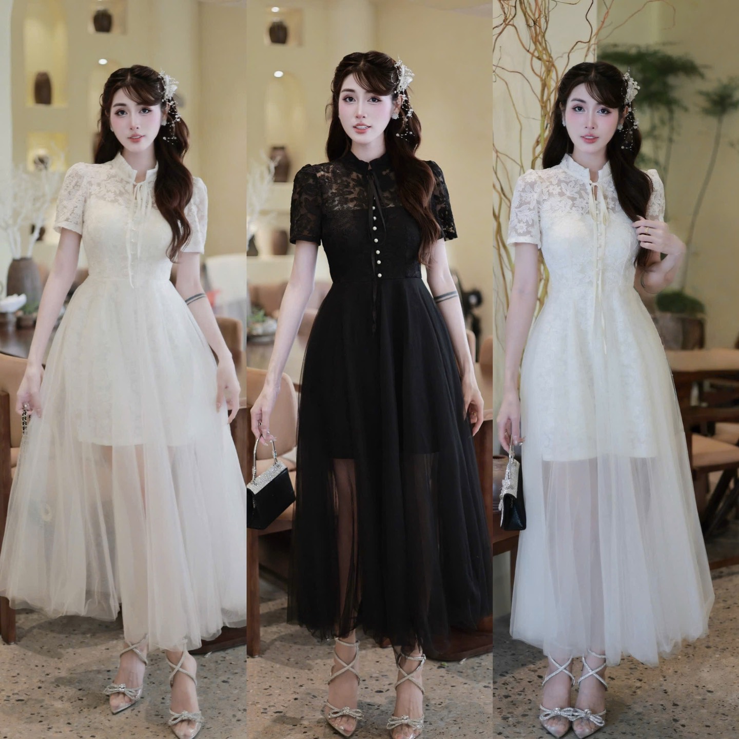 Đàm ren khuy ngọc phối tơ cổ tàu