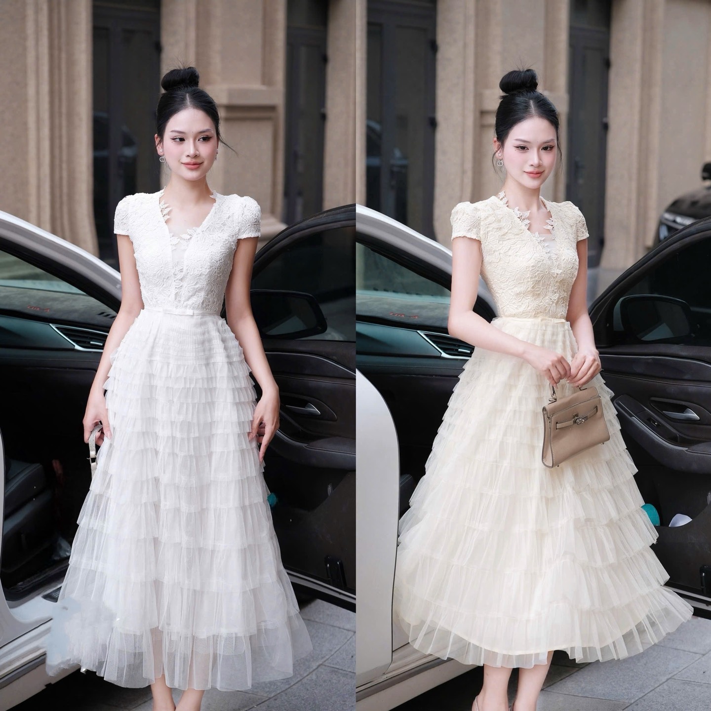 Đầm thiết kế dài cổ V váy ren tầng thắt eo nơ