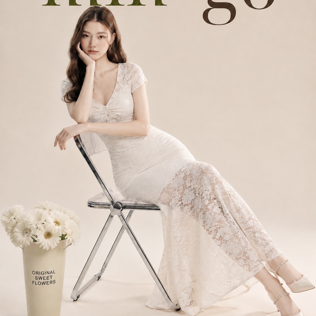 Đầm thiết kế cổ V xoắn  ngực body dáng dài