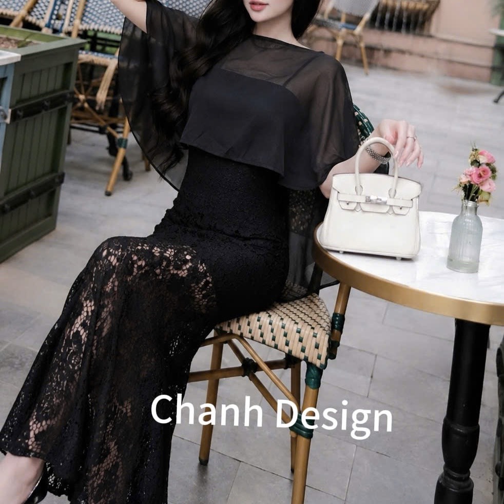 Đầm thiết kế 2 dây ren kèm áo choàng voan