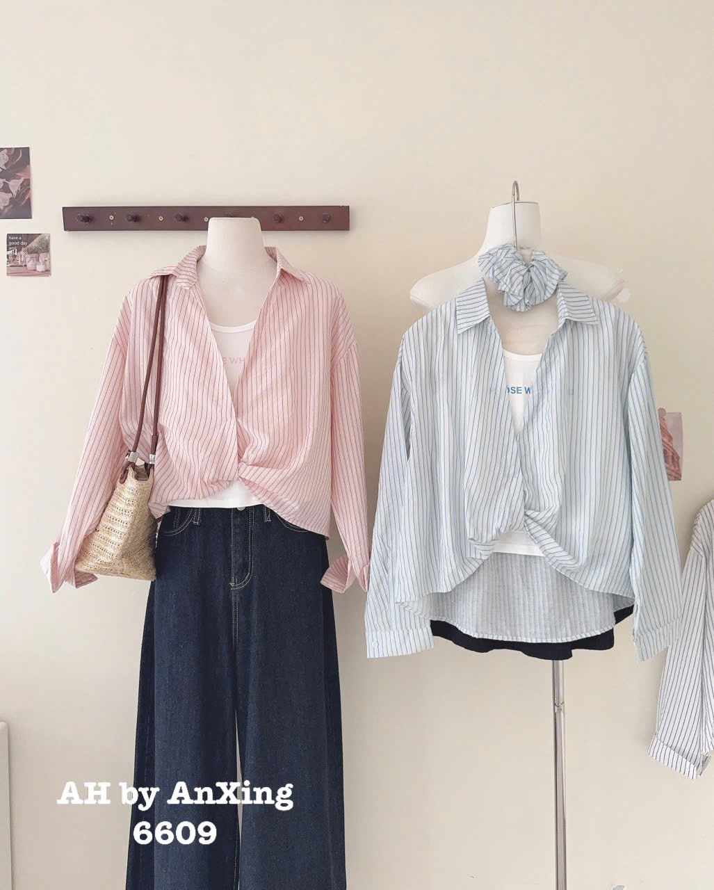 Áo kiểu sơ mi tay dài kèm áo thun 3 lỗ