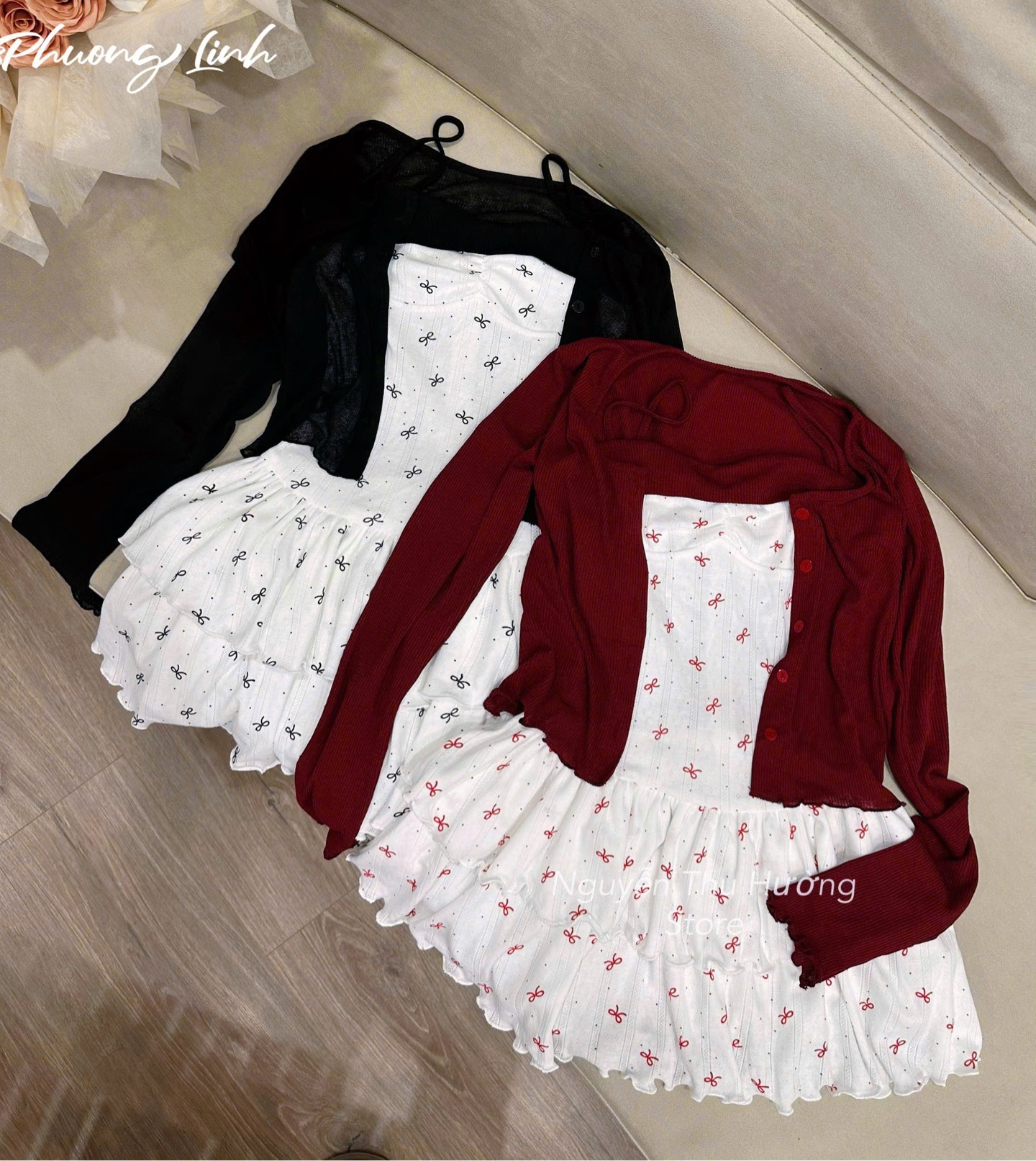 Đầm 2 dây tầng nơ bảng ngực kèm khoác