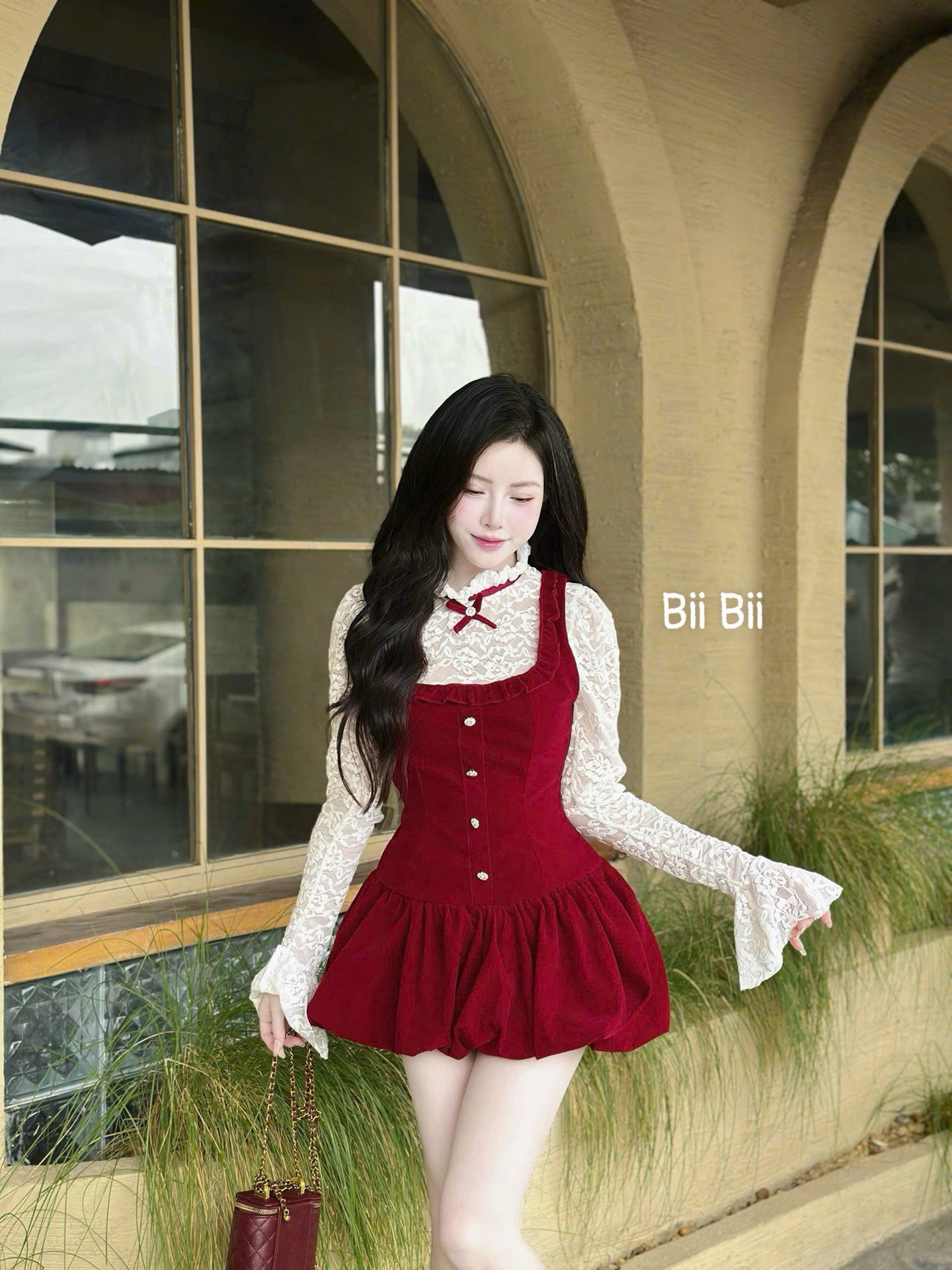 Đầm nhung tay dài phối ren cao cấp