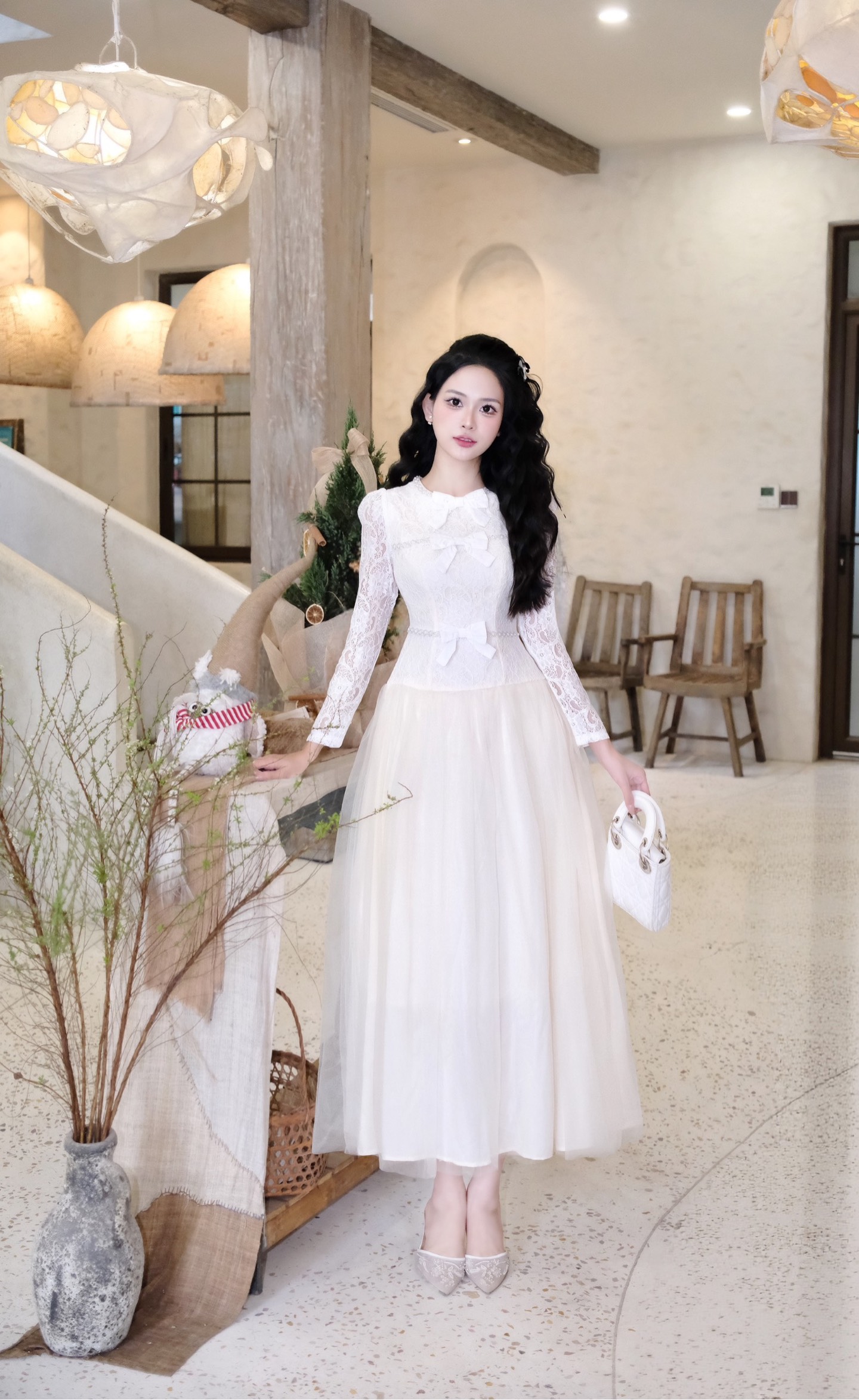 Đầm cổ tròn đính 3 nơ đi tiệc sang chảnh cao cấp