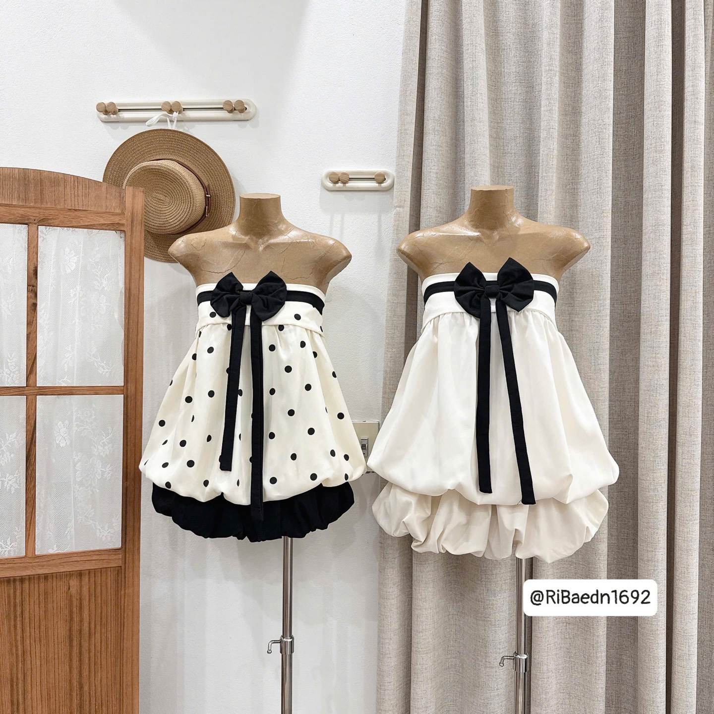 Set kiểu áo cúp ngực nơ chân váy bí phồng