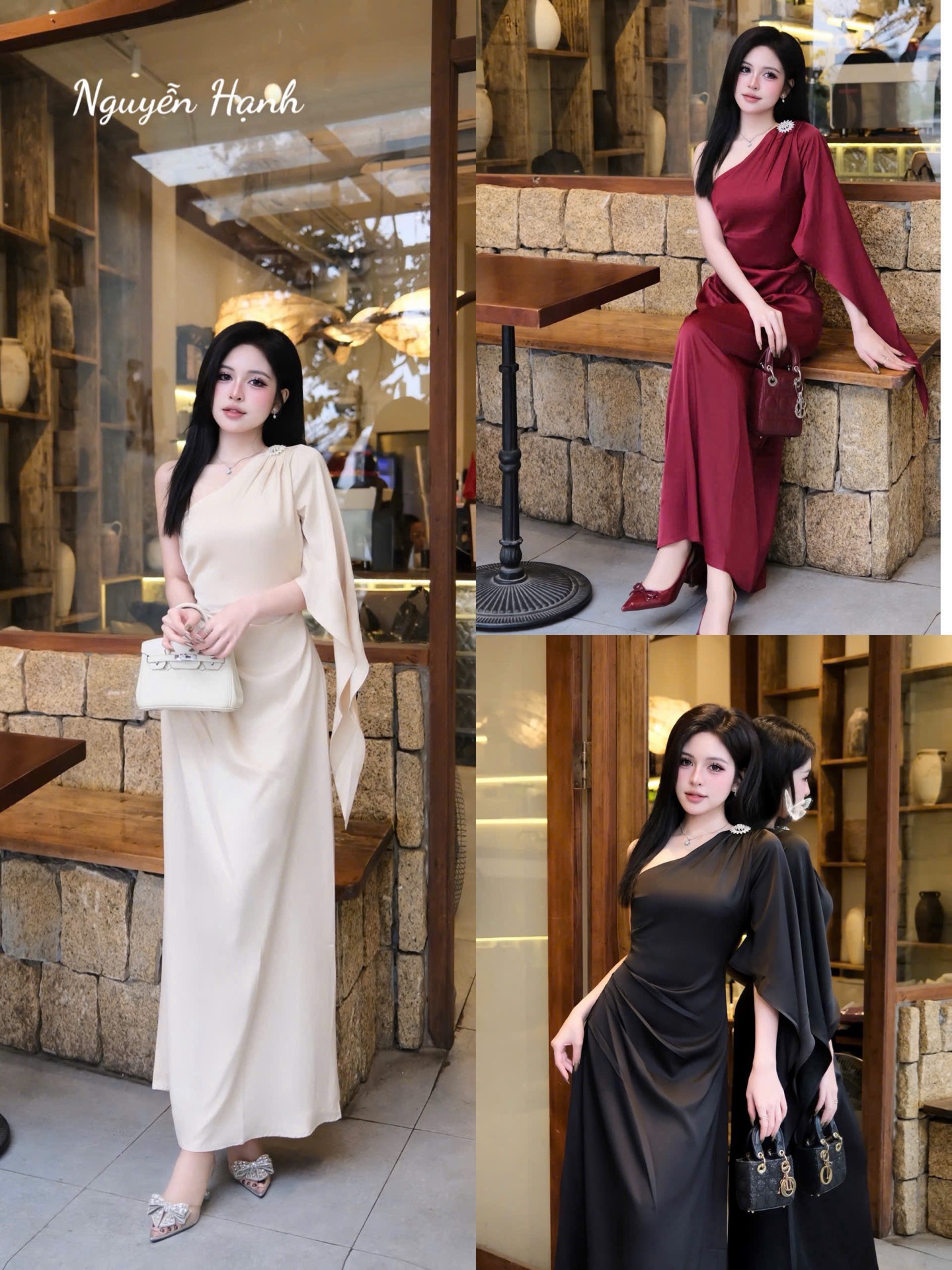 Đầm lụa chéo vai tag đá
