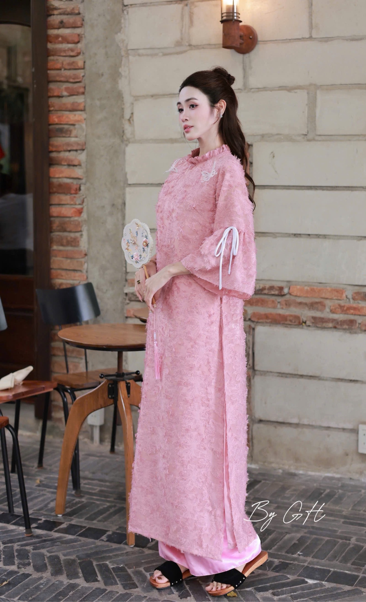 Áo dài tơ lông cổ bèo tay nơ