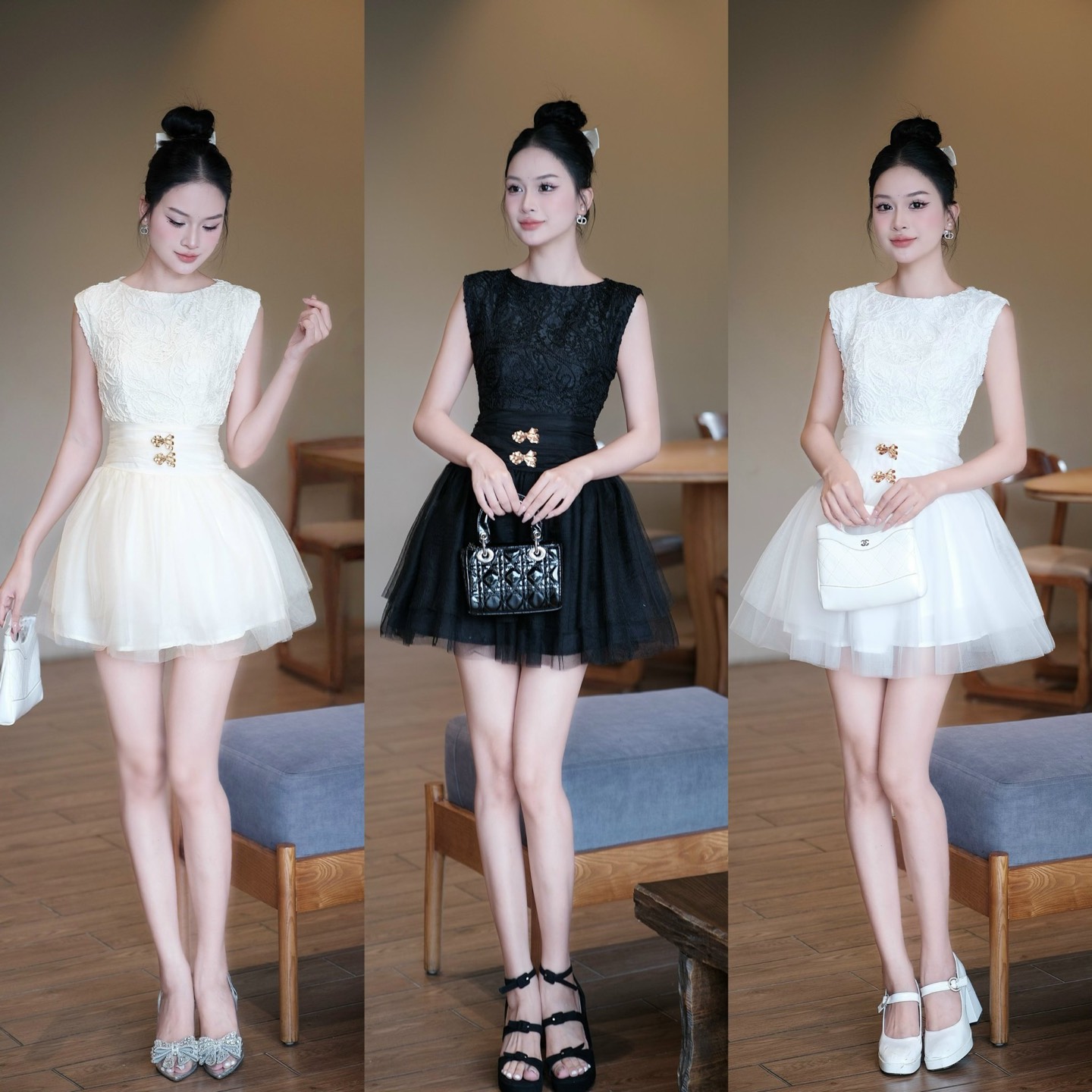 Đầm đi tiệc sát nách cổ tròn dáng ngắn xoè sang chảnh