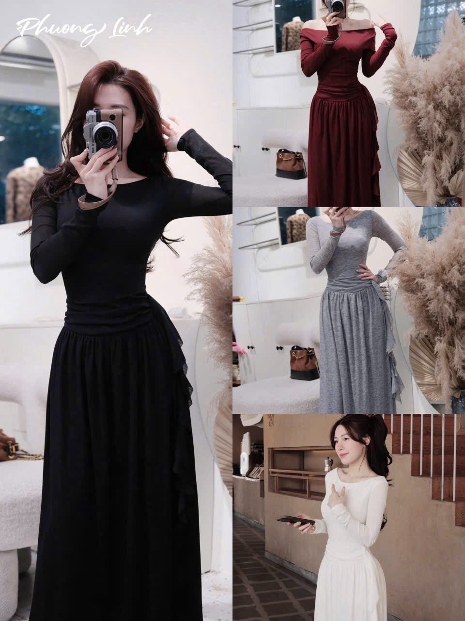 Đầm body trễ vai nhún eo phối tà bèo dáng dài