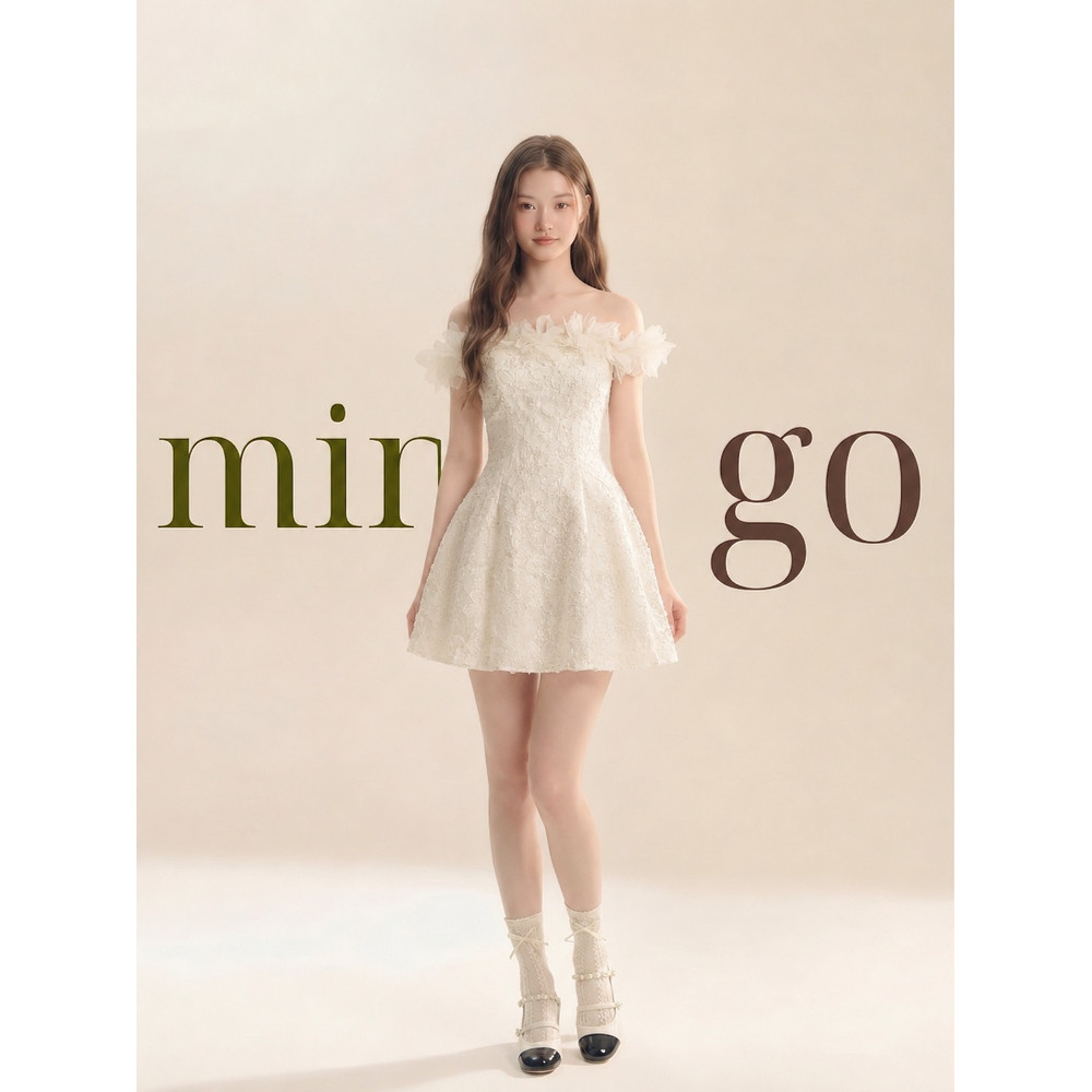 Đầm thiết kế trễ vai đính hoa dáng ngắn