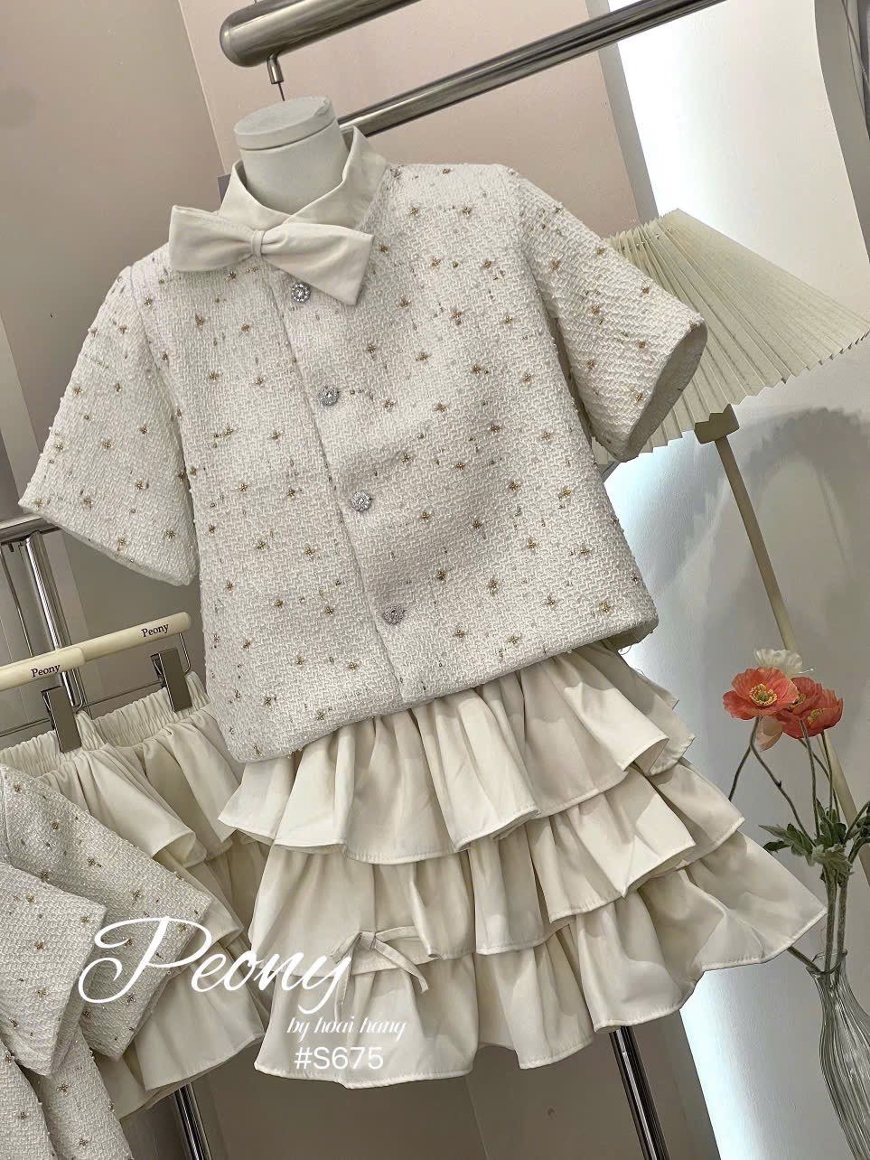 Set áo dạ tweed dáng lửng cổ nơ lệch + cv tầng