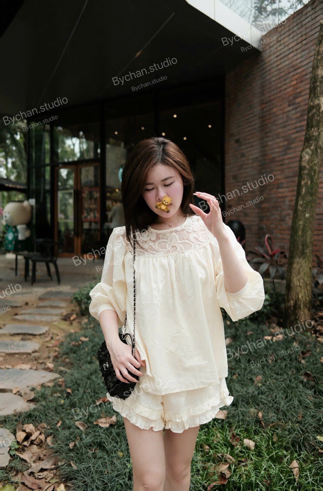 Set bộ babydoll cổ tròn tay dài ren hoa quần ngắn