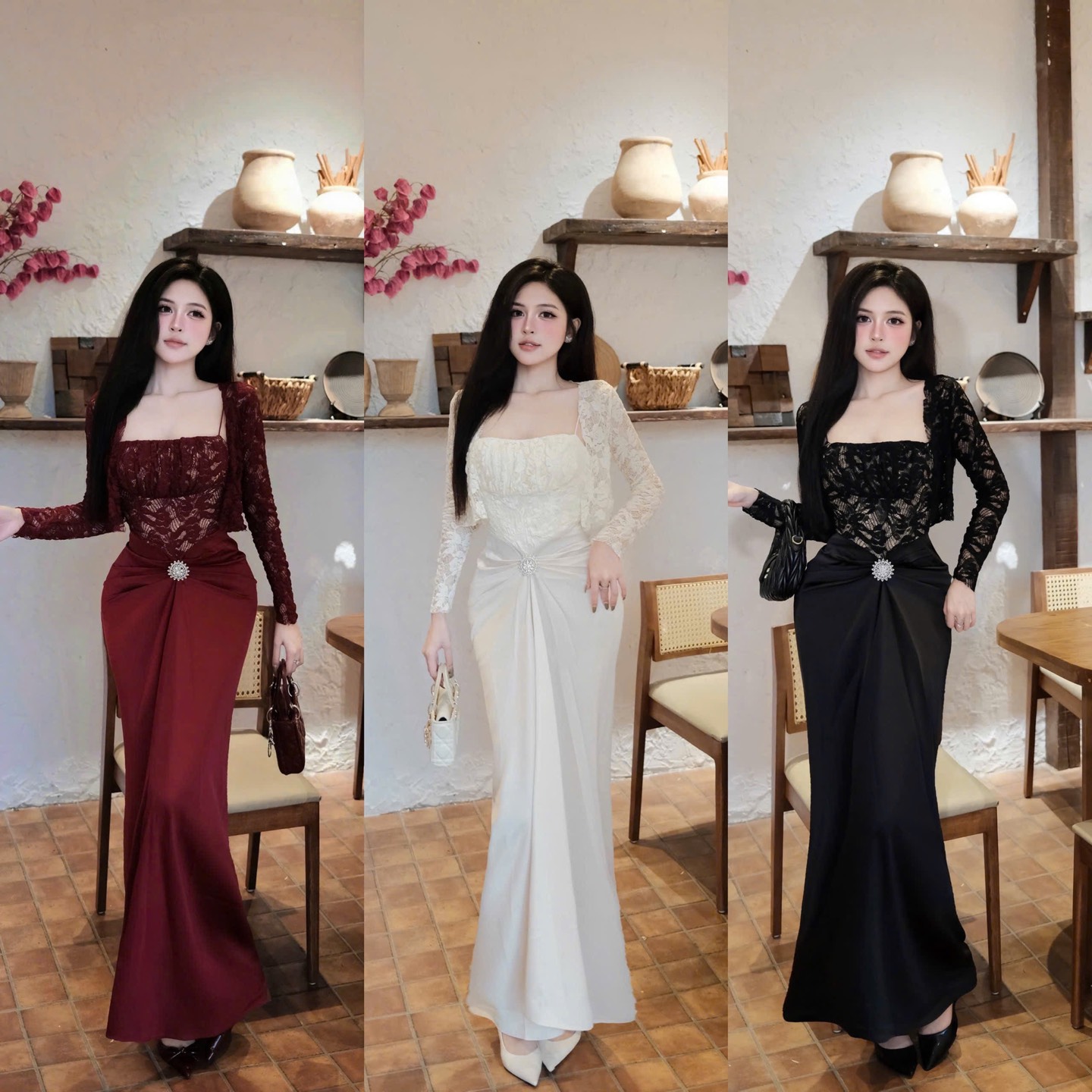 Đầm thiết kế ren 2 dây phối lụa kèm áo choàng ren