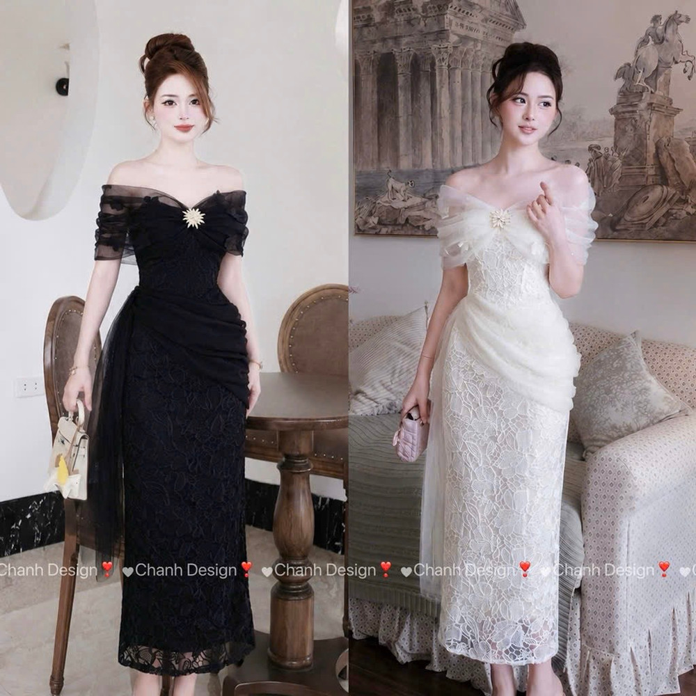Đầm thiết kế trễ vai ren đính hoa dáng dài
