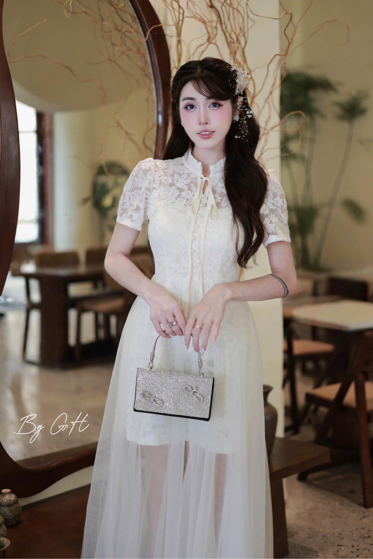 Đàm ren khuy ngọc phối tơ cổ tàu