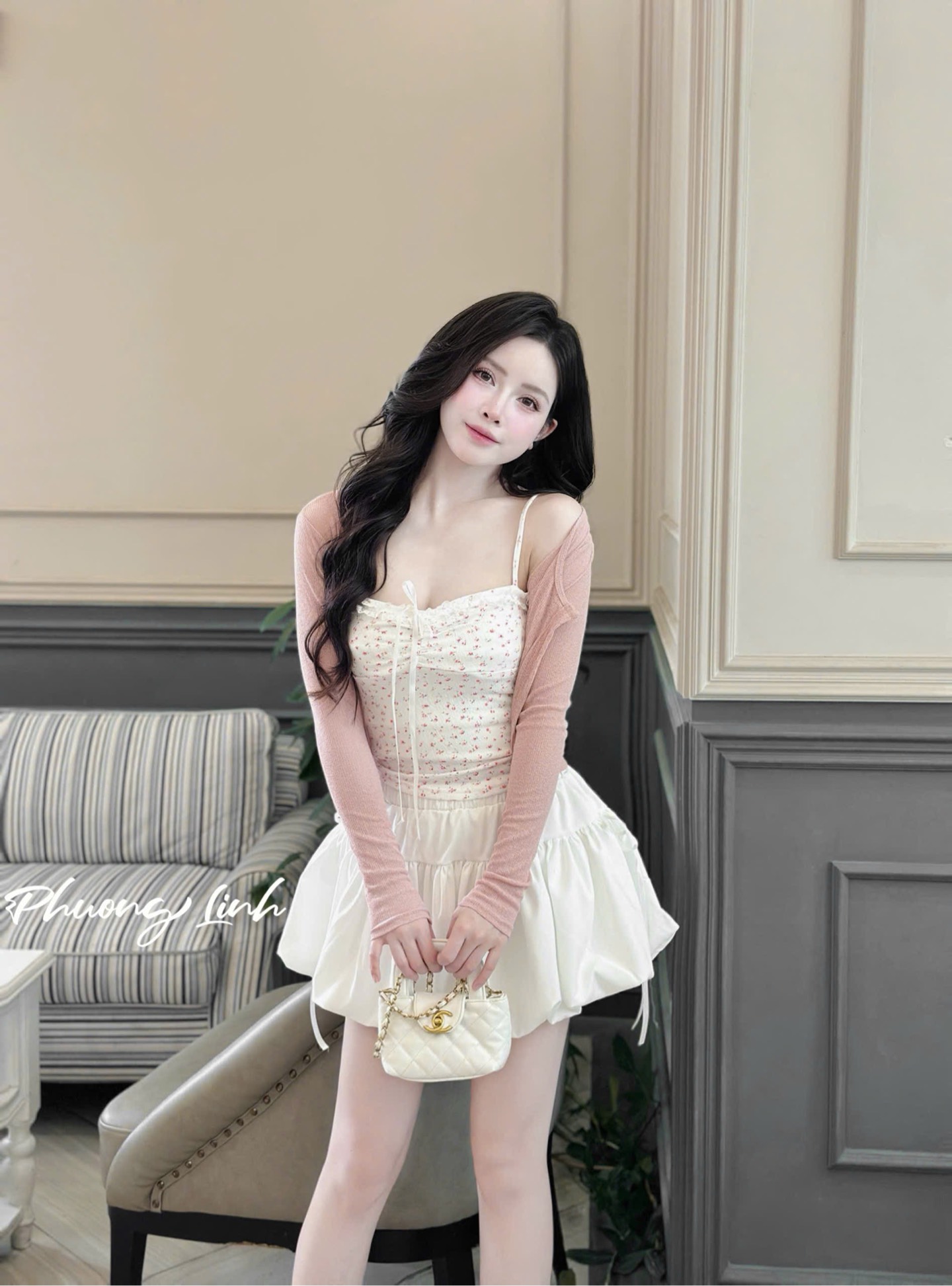 Set 3 món váy bí áo hoa kèm khoác