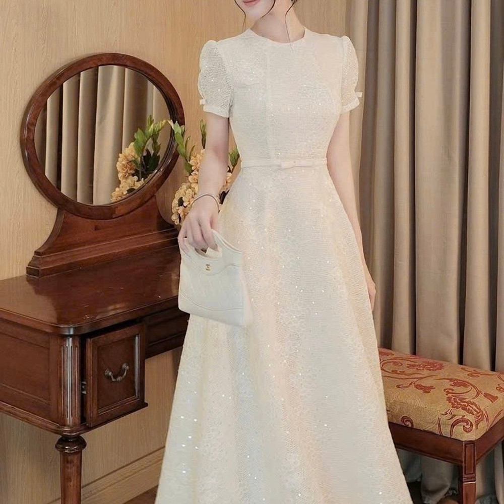 Đầm thiết kế kim sa nơ tay nơ eo dáng dài