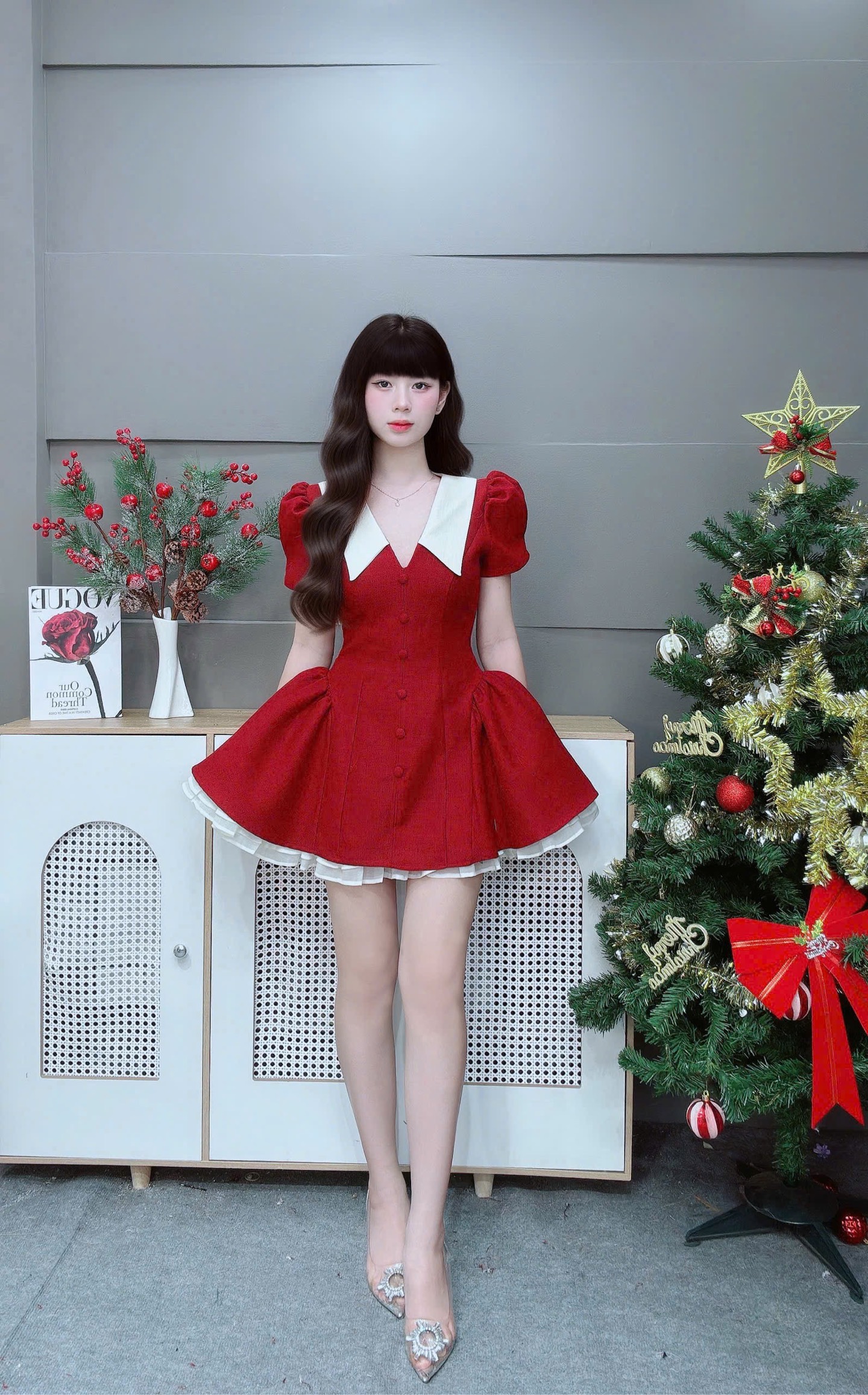 Đầm cổ V tay bồng chân xoè bigsize L LS 40565