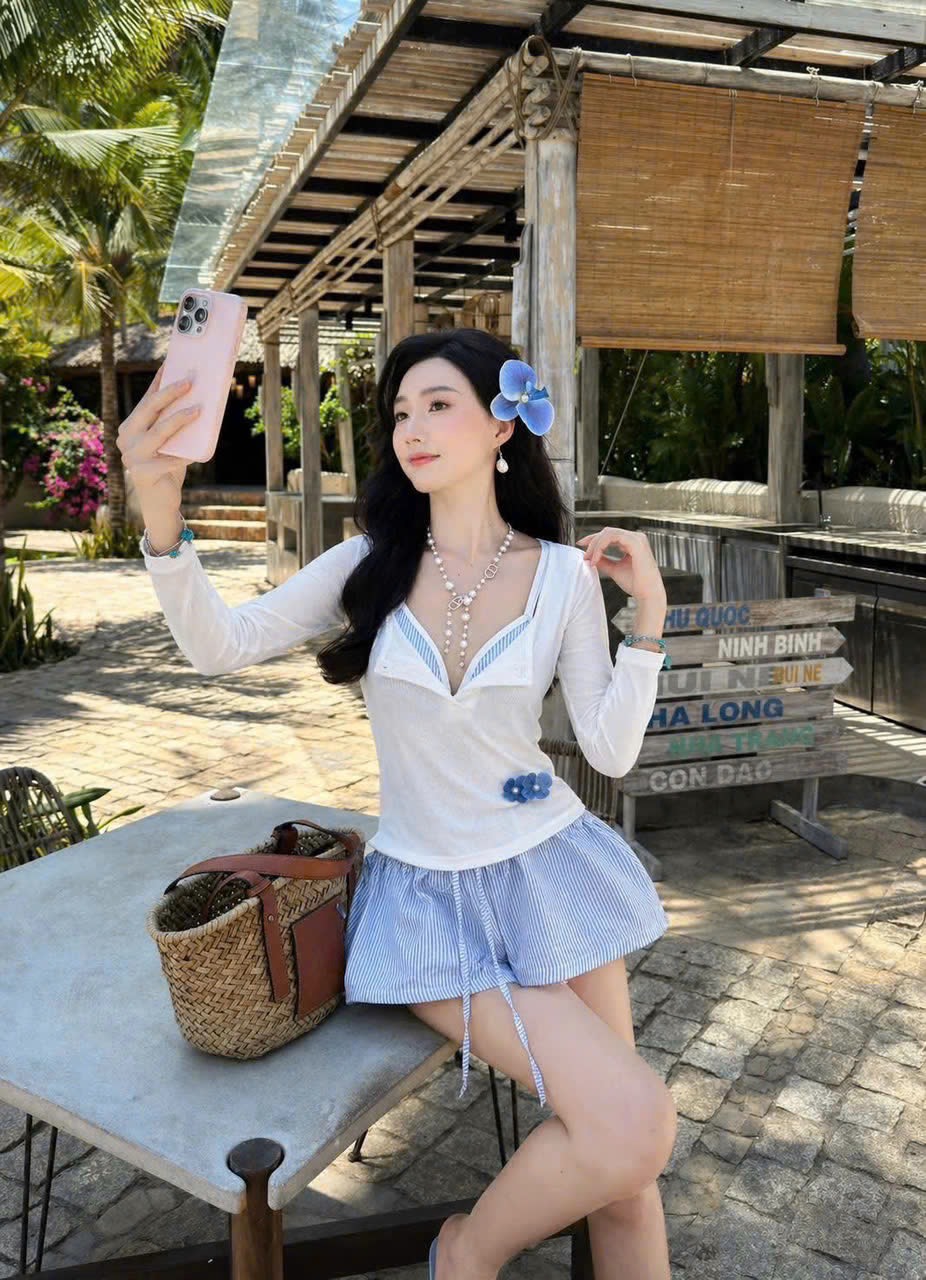 Set bikini 3 món áo tay dài áo dây quần ngắn thun kèm kẹp hoa